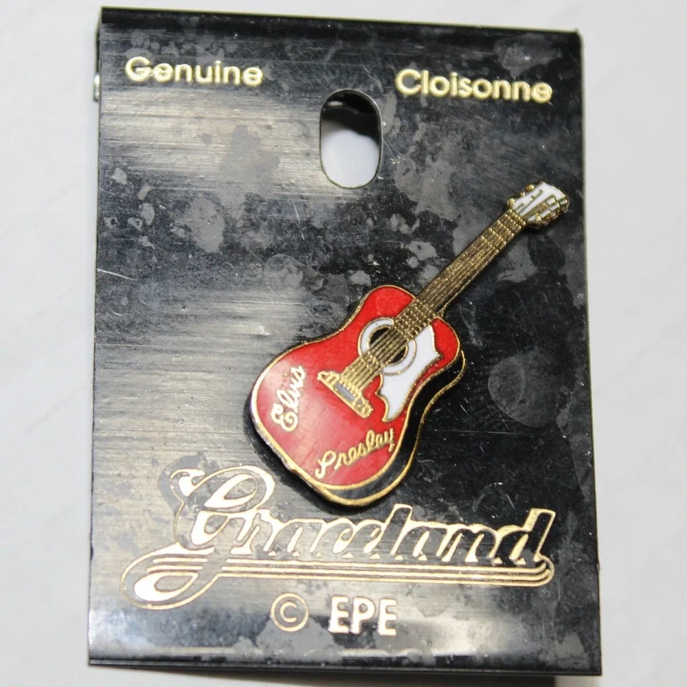 Graceland Elvis Presley Guitar Pin Red Gold Cloisonne Enamel EPE Rock Roll Music